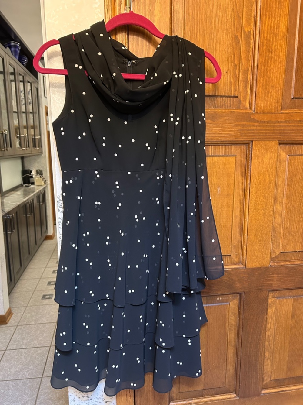 Kay Unger Black Polka Dot Evening Dress with Scarf